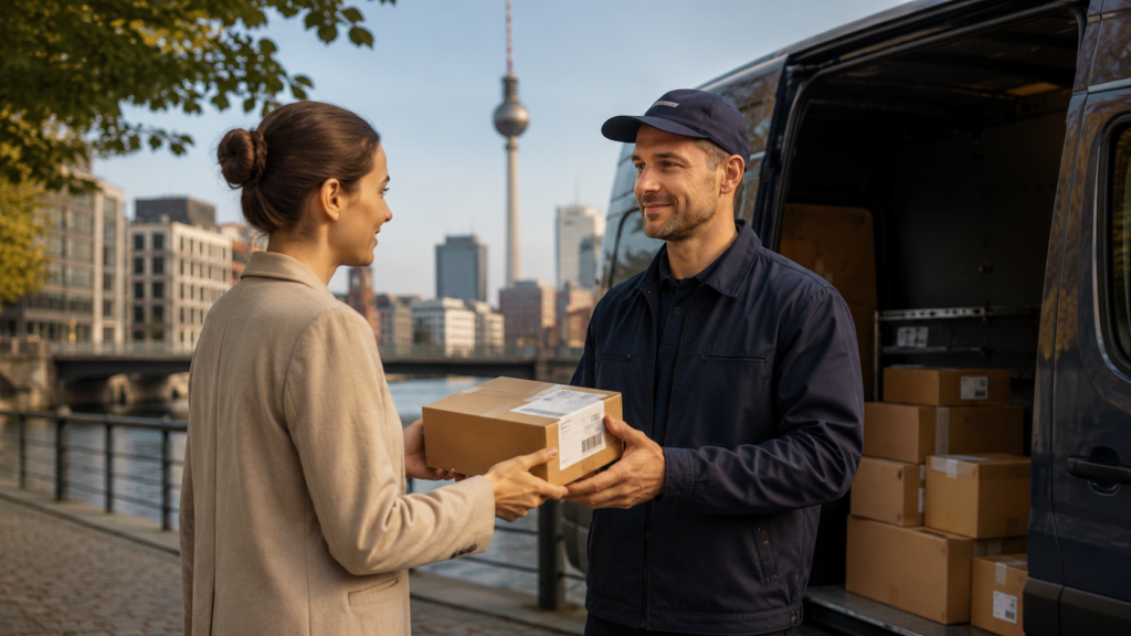 Kurier übergibt ein Paket an eine Kundin vor Berliner Stadtkulisse mit Fernsehturm und Lieferfahrzeug.